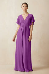 Short Sleeve V-Neck Chiffon A-Line Bridesmaid Dress in Amethyst - KISS BRIDAL BRIDESMAID DRESSES