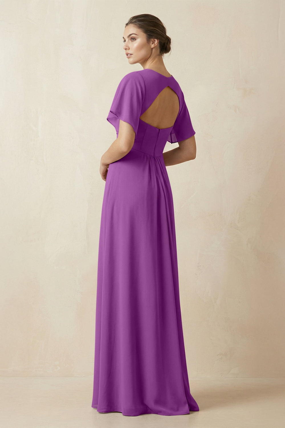 Short Sleeve V-Neck Chiffon A-Line Bridesmaid Dress in Amethyst - KISS BRIDAL BRIDESMAID DRESSES