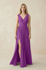 V-Neck Chiffon Pleated A-Line Bridesmaid Dress in Amethyst - KISS BRIDAL BRIDESMAID DRESSES