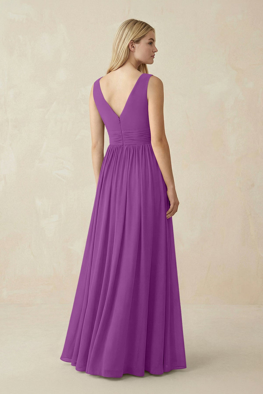 V-Neck Chiffon Pleated A-Line Bridesmaid Dress in Amethyst - KISS BRIDAL BRIDESMAID DRESSES