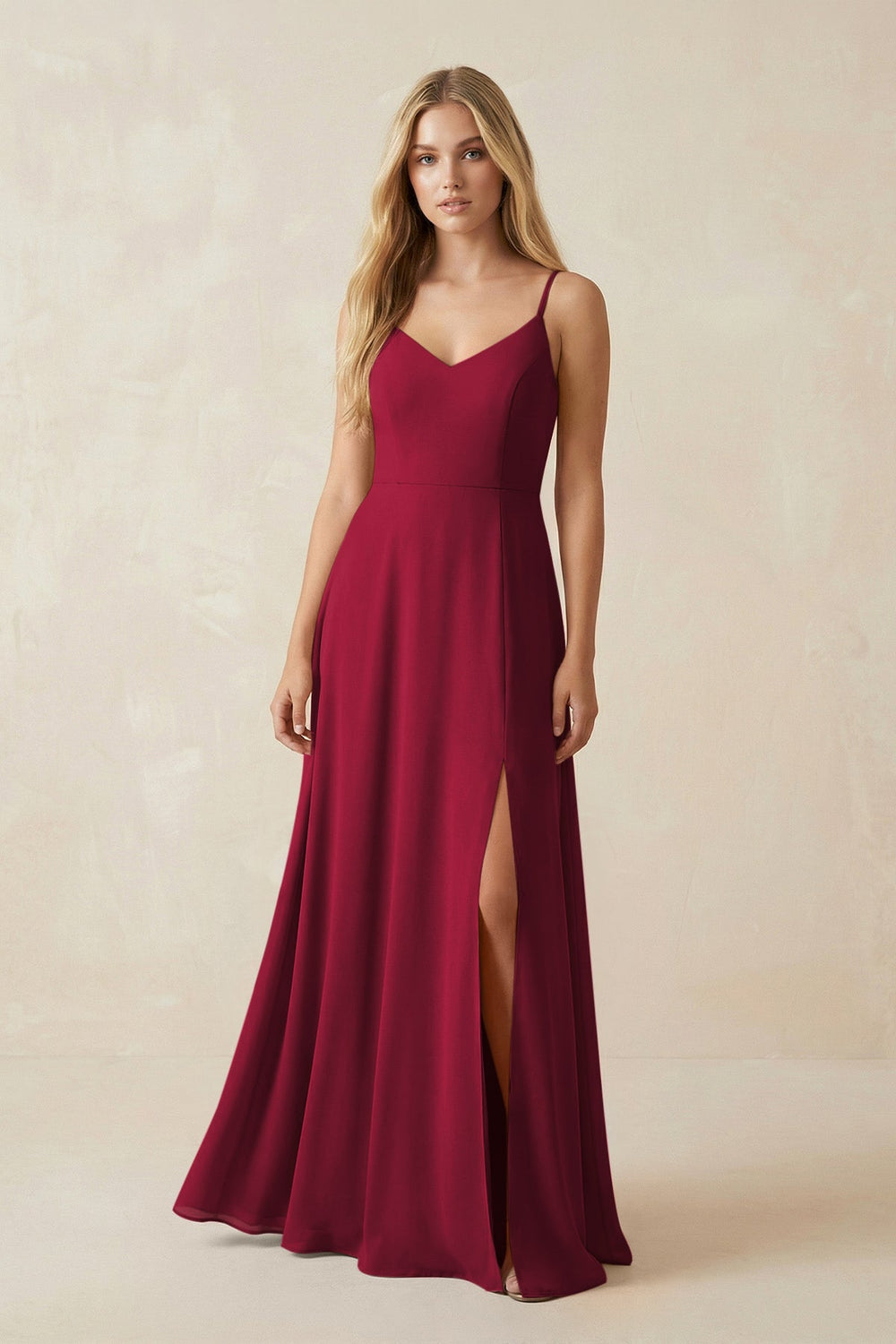 Cami Strap A-Line Chiffon Bridesmaid Dress with Slit in Berry - KISS BRIDAL BRIDESMAID DRESSES