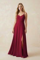 Cami Strap A-Line Chiffon Bridesmaid Dress with Slit in Berry - SHE IS ME BRIDESMAID DRESSES