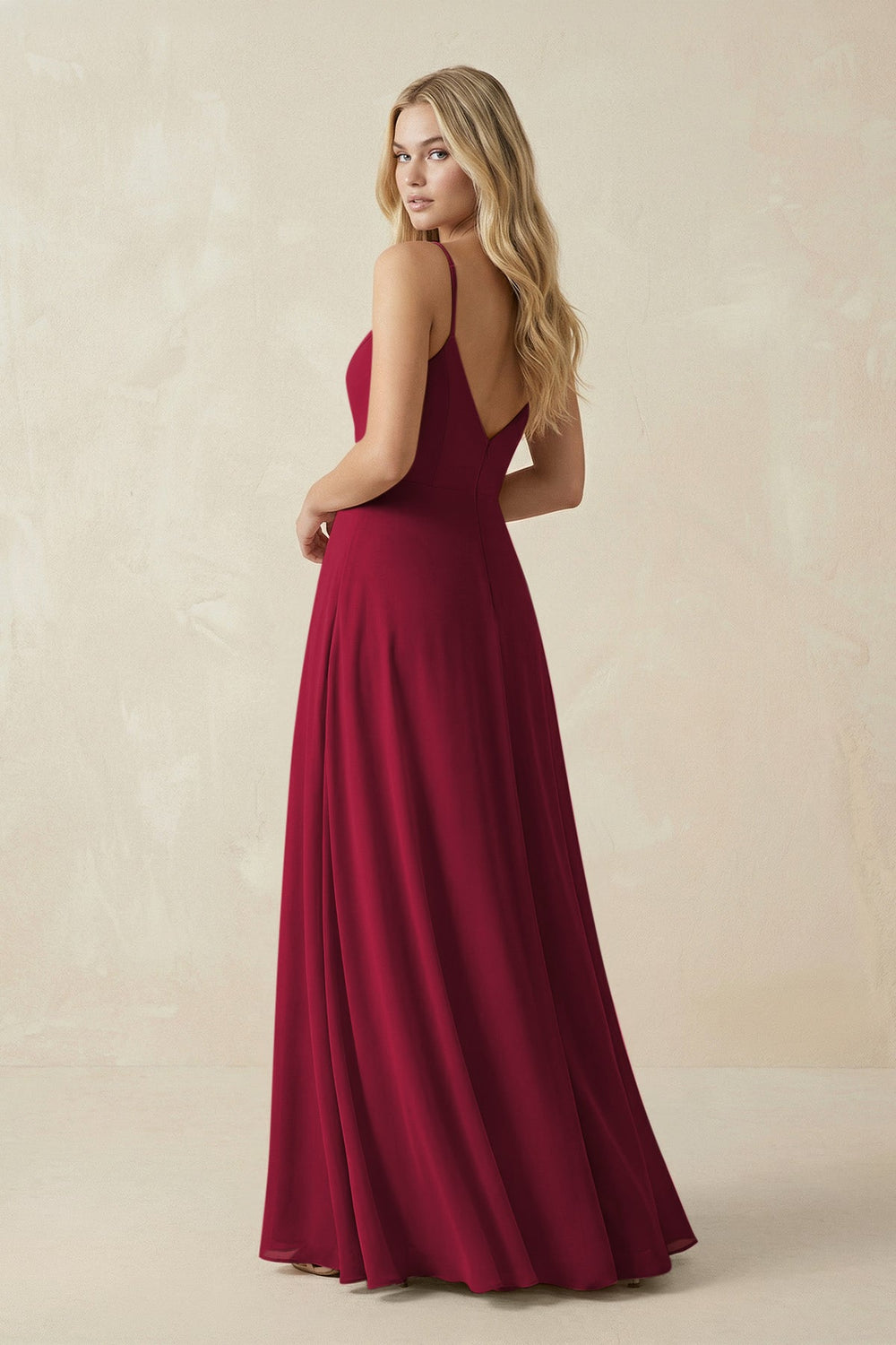 Cami Strap A-Line Chiffon Bridesmaid Dress with Slit in Berry - KISS BRIDAL BRIDESMAID DRESSES