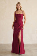 Cami Strap Chiffon Sheath Bridesmaid Dress with Slit in Berry - SHE IS ME BRIDESMAID DRESSES