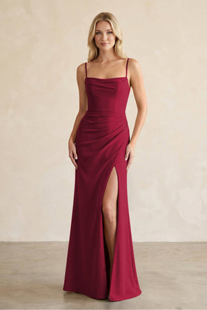 Cami Strap Chiffon Sheath Bridesmaid Dress with Slit in Berry - SHE IS ME BRIDESMAID DRESSES