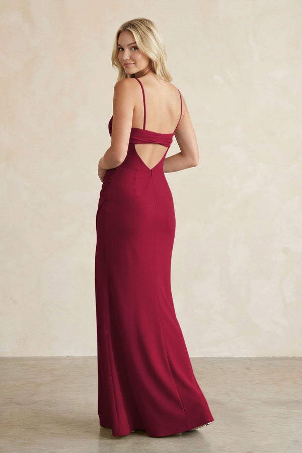 Cami Strap Chiffon Sheath Bridesmaid Dress with Slit in Berry - SHE IS ME BRIDESMAID DRESSES