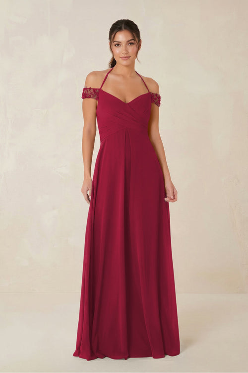 A-Line Off-the-Shoulder Chiffon Bridesmaid Dress in Berry - KISS BRIDAL BRIDESMAID DRESSES