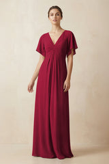 Short Sleeve V-Neck Chiffon A-Line Bridesmaid Dress in Berry - KISS BRIDAL BRIDESMAID DRESSES