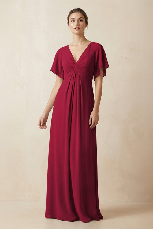 Short Sleeve V-Neck Chiffon A-Line Bridesmaid Dress in Berry - SHE IS ME BRIDESMAID DRESSES