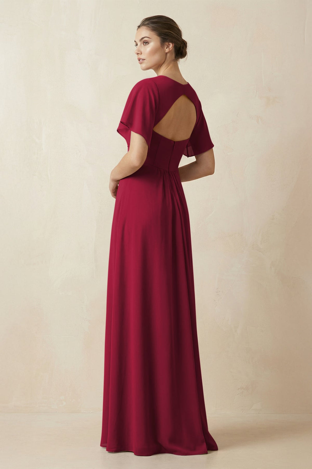 Short Sleeve V-Neck Chiffon A-Line Bridesmaid Dress in Berry - KISS BRIDAL BRIDESMAID DRESSES