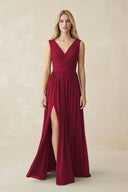 V-Neck Chiffon Pleated A-Line Bridesmaid Dress in Berry - SHE IS ME BRIDESMAID DRESSES