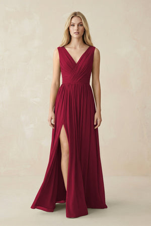 V-Neck Chiffon Pleated A-Line Bridesmaid Dress in Berry - SHE IS ME BRIDESMAID DRESSES