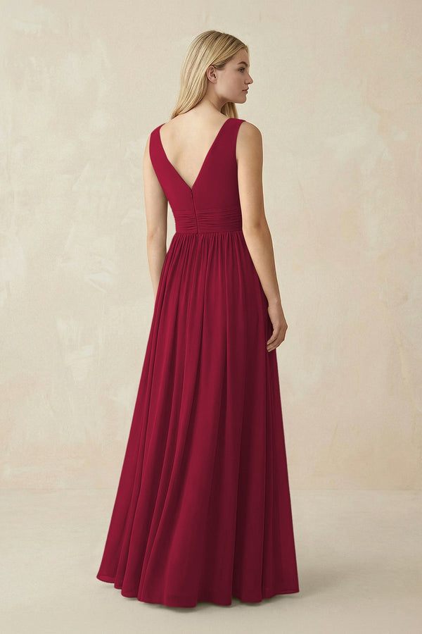V-Neck Chiffon Pleated A-Line Bridesmaid Dress in Berry - SHE IS ME BRIDESMAID DRESSES