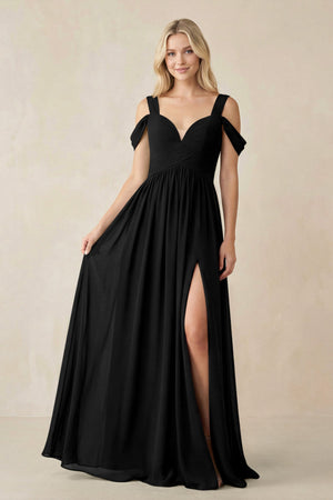 Chiffon A-Line Bridesmaid Dress with Slit  in Black - SHE IS ME BRIDESMAID DRESSES