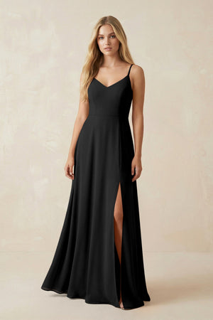Cami Strap A-Line Chiffon Bridesmaid Dress with Slit in Black - SHE IS ME BRIDESMAID DRESSES