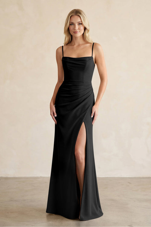 Cami Strap Chiffon Sheath Bridesmaid Dress with Slit in Black - SHE IS ME BRIDESMAID DRESSES