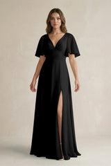 Flutter Sleeve V-Neck A-Line Chiffon Bridesmaid Dress in Black