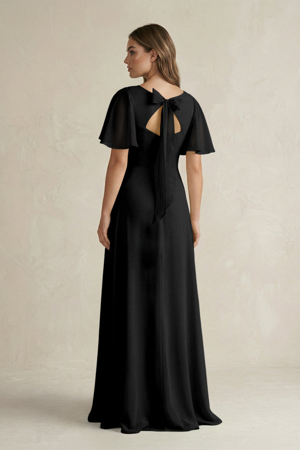 Flutter Sleeve V-Neck A-Line Chiffon Bridesmaid Dress in Black