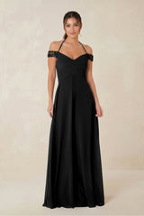 A-Line Off-the-Shoulder Chiffon Bridesmaid Dress in Black - KISS BRIDAL BRIDESMAID DRESSES