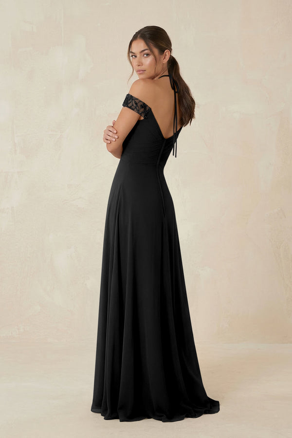 A-Line Off-the-Shoulder Chiffon Bridesmaid Dress in Black - KISS BRIDAL BRIDESMAID DRESSES