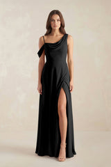 One-Shoulder Chiffon A-Line Bridesmaid Dress in Black - KISS BRIDAL BRIDESMAID DRESSES