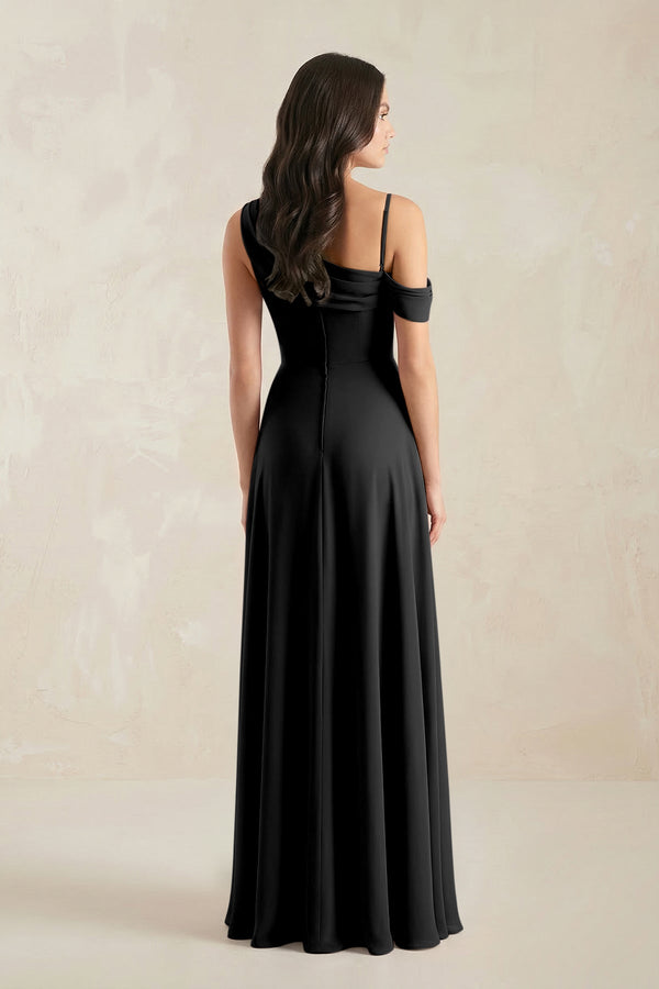 One-Shoulder Chiffon A-Line Bridesmaid Dress in Black - SHE IS ME BRIDESMAID DRESSES