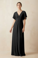 Short Sleeve V-Neck Chiffon A-Line Bridesmaid Dress in Black - SHE IS ME BRIDESMAID DRESSES