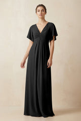 Short Sleeve V-Neck Chiffon A-Line Bridesmaid Dress in Black - KISS BRIDAL BRIDESMAID DRESSES