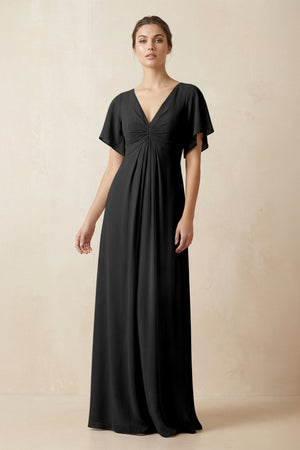 Short Sleeve V-Neck Chiffon A-Line Bridesmaid Dress in Black - SHE IS ME BRIDESMAID DRESSES