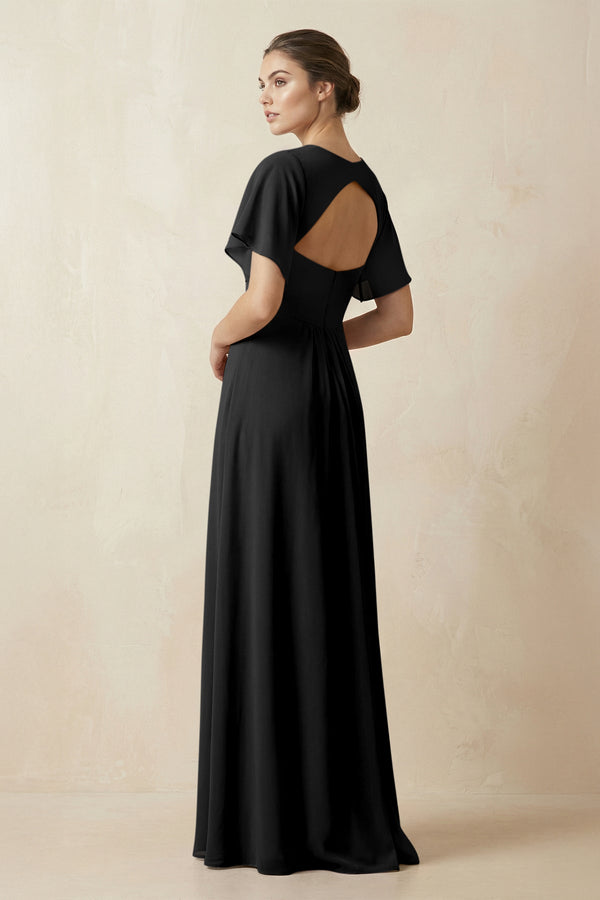 Short Sleeve V-Neck Chiffon A-Line Bridesmaid Dress in Black - SHE IS ME BRIDESMAID DRESSES
