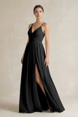A-Line Spaghetti Strap Chiffon Bridesmaid Dress in Black - KISS BRIDAL BRIDESMAID DRESSES