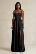 A-Line Spaghetti Straps Chiffon Bridesmaid Dress in Black - SHE IS ME BRIDESMAID DRESSES