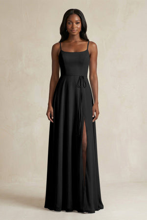 A-Line Spaghetti Straps Chiffon Bridesmaid Dress in Black - SHE IS ME BRIDESMAID DRESSES