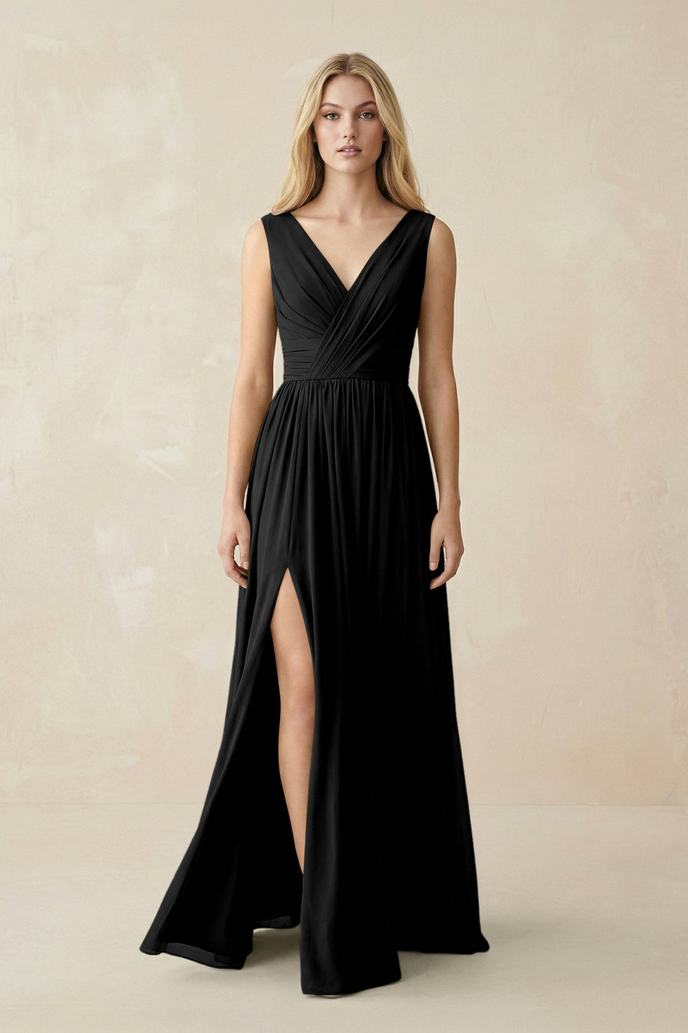V-Neck Chiffon Pleated A-Line Bridesmaid Dress in Black - KISS BRIDAL BRIDESMAID DRESSES