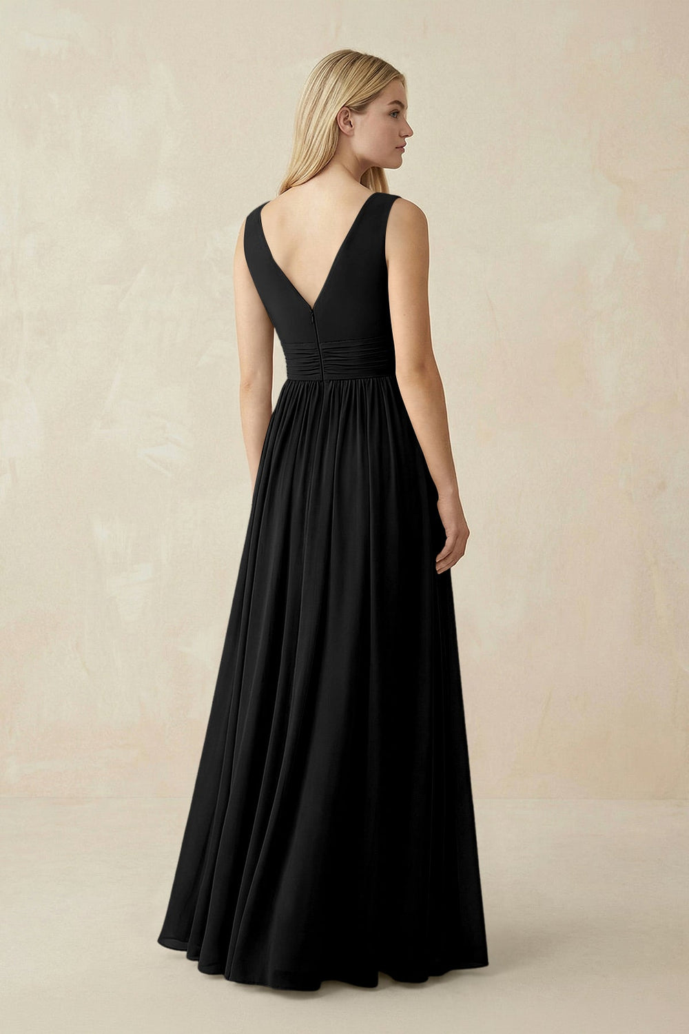 V-Neck Chiffon Pleated A-Line Bridesmaid Dress in Black - KISS BRIDAL BRIDESMAID DRESSES