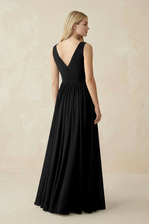 V-Neck Chiffon Pleated A-Line Bridesmaid Dress in Black - SHE IS ME BRIDESMAID DRESSES