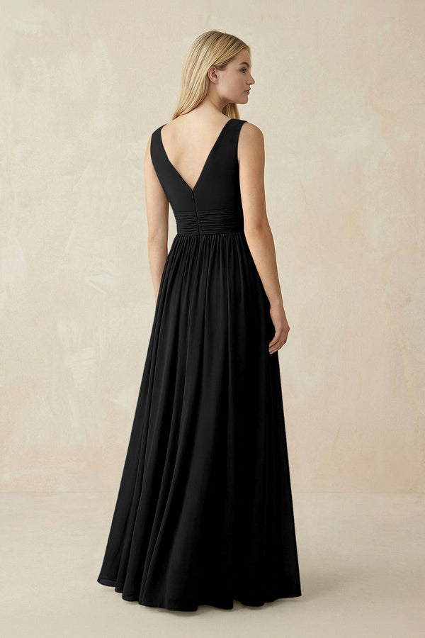 V-Neck Chiffon Pleated A-Line Bridesmaid Dress in Black - SHE IS ME BRIDESMAID DRESSES