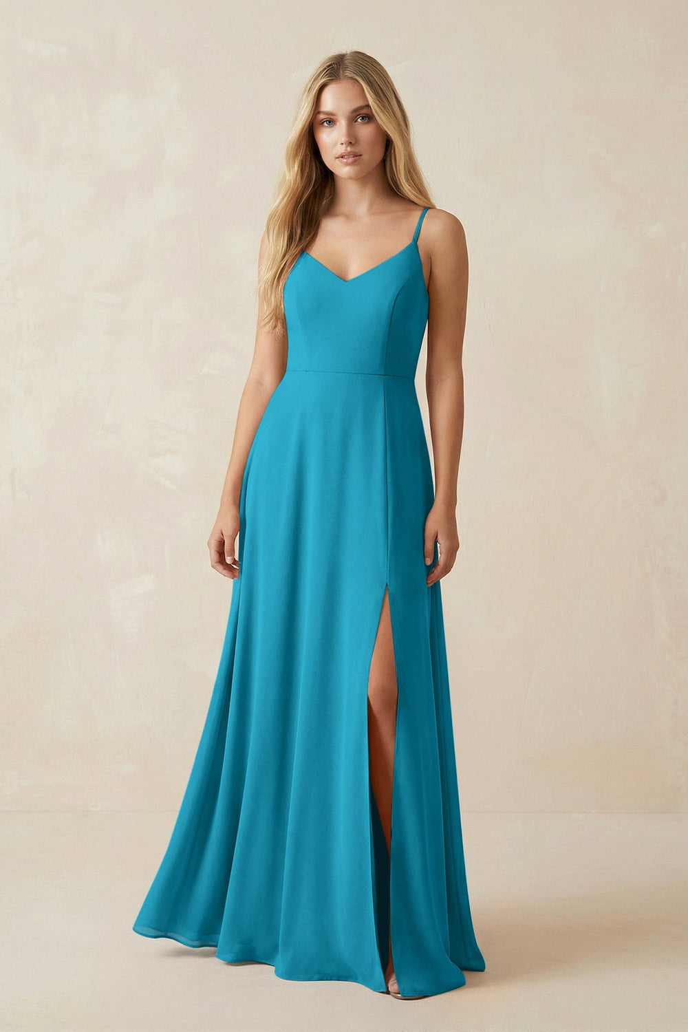 Cami Strap A-Line Chiffon Bridesmaid Dress with Slit in Blue Jay - KISS BRIDAL BRIDESMAID DRESSES