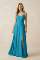 Cami Strap A-Line Chiffon Bridesmaid Dress with Slit in Blue Jay - SHE IS ME BRIDESMAID DRESSES