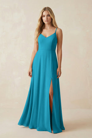 Cami Strap A-Line Chiffon Bridesmaid Dress with Slit in Blue Jay - SHE IS ME BRIDESMAID DRESSES