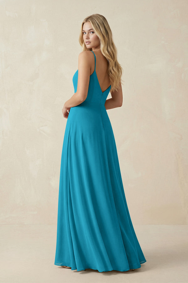 Cami Strap A-Line Chiffon Bridesmaid Dress with Slit in Blue Jay - SHE IS ME BRIDESMAID DRESSES