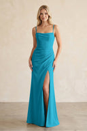 Cami Strap Chiffon Sheath Bridesmaid Dress with Slit in Blue Jay - SHE IS ME BRIDESMAID DRESSES