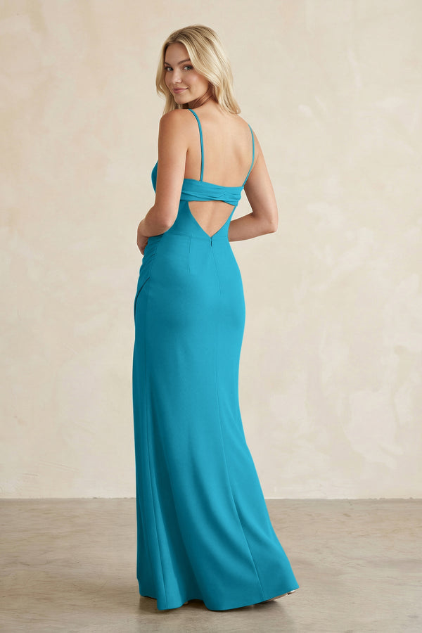 Cami Strap Chiffon Sheath Bridesmaid Dress with Slit in Blue Jay - SHE IS ME BRIDESMAID DRESSES