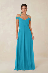 A-Line Off-the-Shoulder Chiffon Bridesmaid Dress in Blue Jay - KISS BRIDAL BRIDESMAID DRESSES