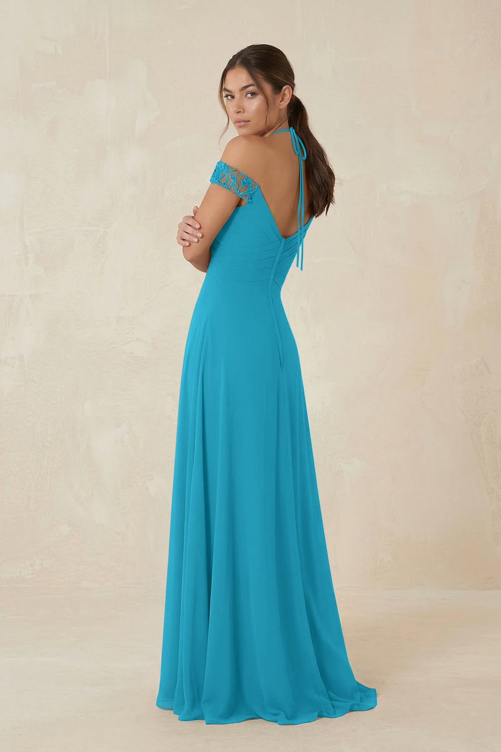 A-Line Off-the-Shoulder Chiffon Bridesmaid Dress in Blue Jay - KISS BRIDAL BRIDESMAID DRESSES