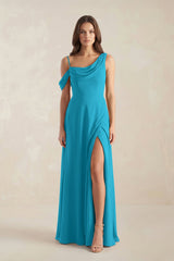 One-Shoulder Chiffon A-Line Bridesmaid Dress in Blue Jay - KISS BRIDAL BRIDESMAID DRESSES