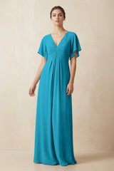 Short Sleeve V-Neck Chiffon A-Line Bridesmaid Dress in Blue Jay - KISS BRIDAL BRIDESMAID DRESSES