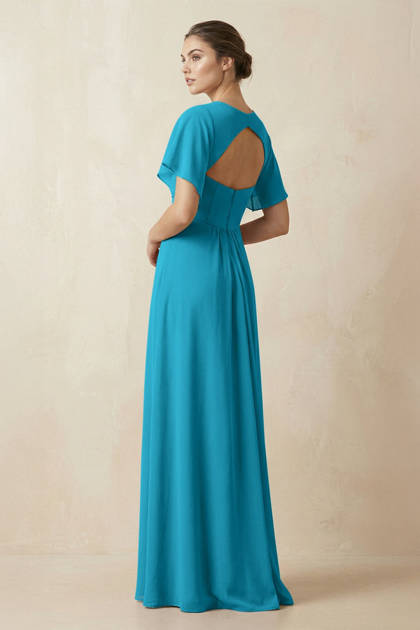 Short Sleeve V-Neck Chiffon A-Line Bridesmaid Dress in Blue Jay - SHE IS ME BRIDESMAID DRESSES
