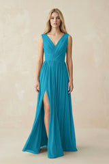 V-Neck Chiffon Pleated A-Line Bridesmaid Dress in Blue Jay - KISS BRIDAL BRIDESMAID DRESSES