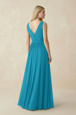 V-Neck Chiffon Pleated A-Line Bridesmaid Dress in Blue Jay - SHE IS ME BRIDESMAID DRESSES